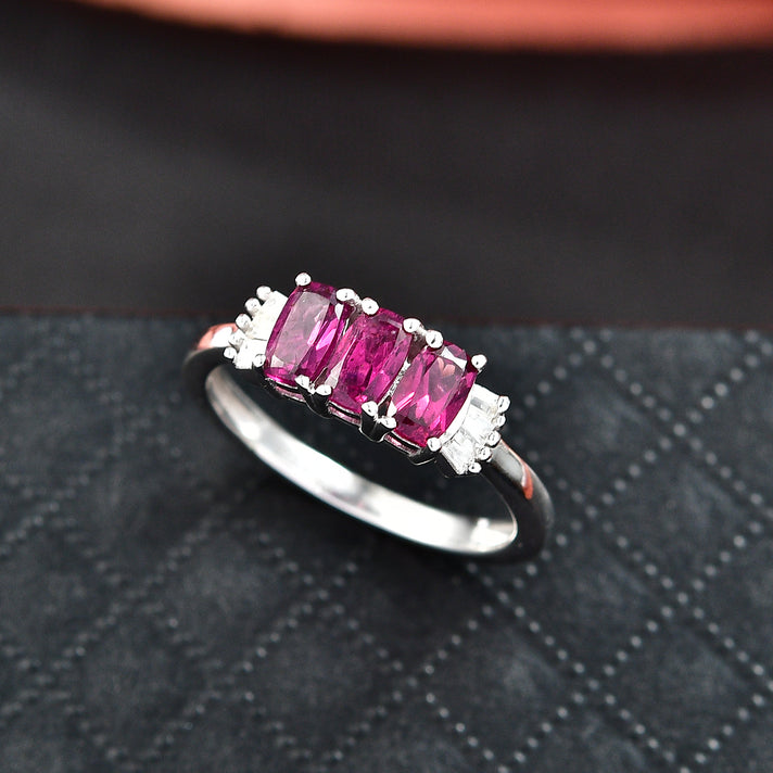 D'Joy Natural Radiant Ember Garnet &amp; White Diamond Trilogy Ring in Rhodium Overlay Sterling Silver 1.17 Ct. 8422940 2