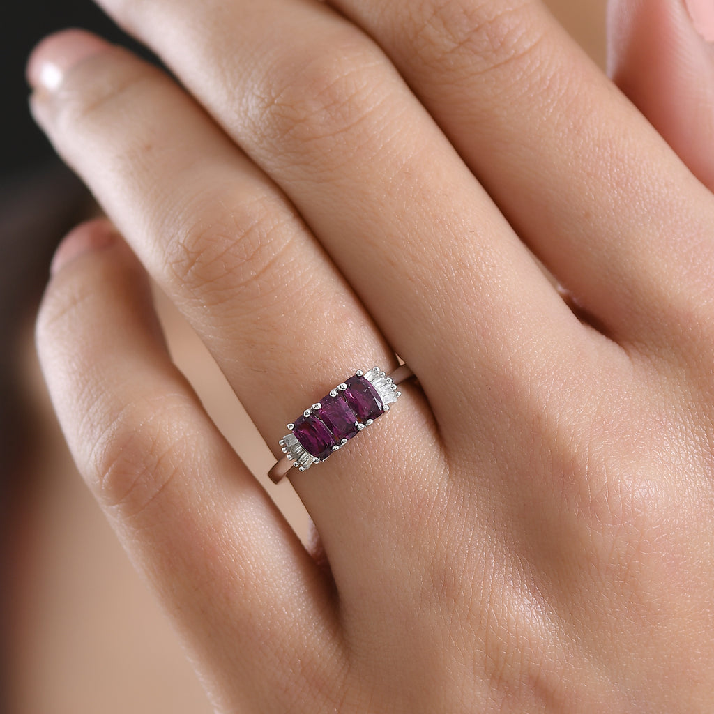D'Joy Natural Radiant Ember Garnet & White Diamond Trilogy Ring in Rhodium Overlay Sterling Silver 1.17 Ct._8422940_2
