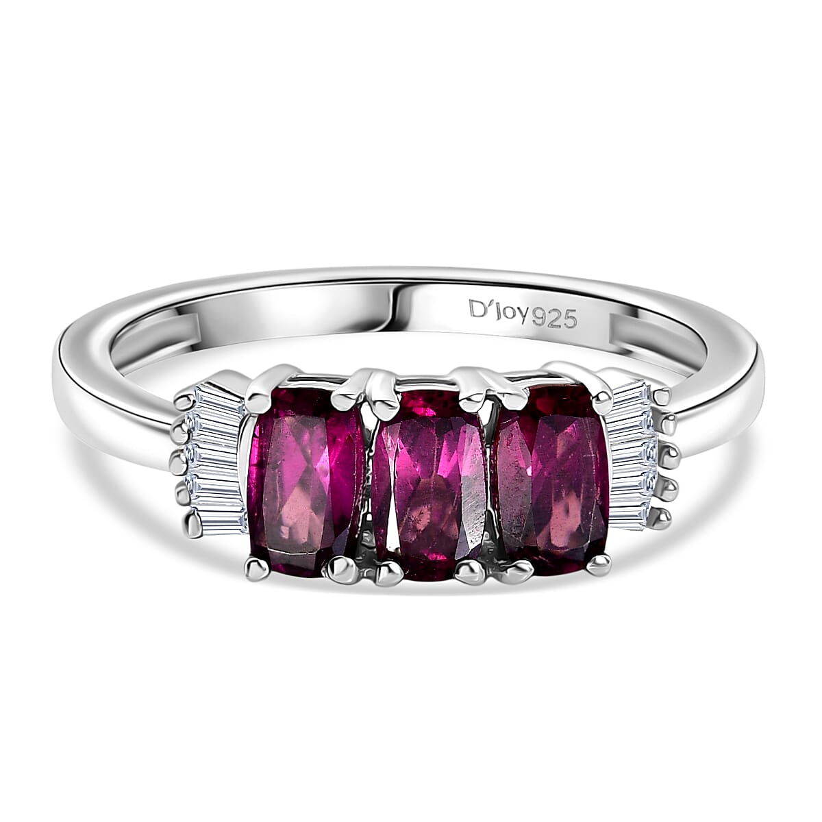 D'Joy Natural Radiant Ember Garnet &amp; White Diamond Trilogy Ring in Rhodium Overlay Sterling Silver 1.17 Ct. V32539007 0