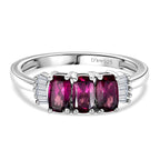 D'Joy Natural Radiant Ember Garnet & White Diamond Trilogy Ring in Rhodium Overlay Sterling Silver 1.17 Ct._8422944