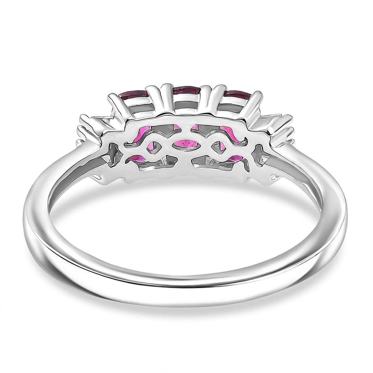 D'Joy Natural Radiant Ember Garnet &amp; White Diamond Trilogy Ring in Rhodium Overlay Sterling Silver 1.17 Ct. V32539007 5