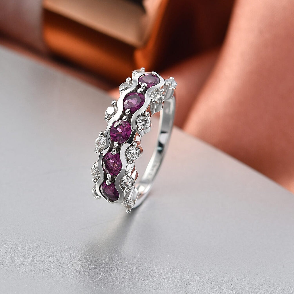D'Joy Natural Radiant Ember Garnet & White Zircon 5 Stone Ring in Rhodium Overlay Sterling Silver 1.81 Ct._8423007_1