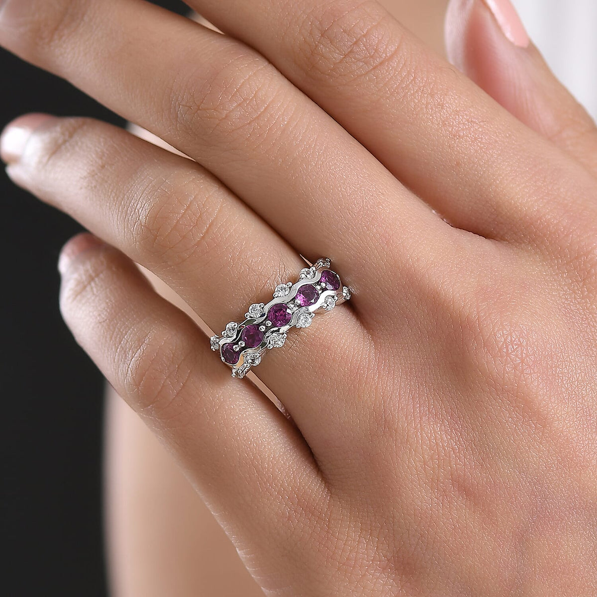 D'Joy Natural Radiant Ember Garnet &amp; White Zircon 5 Stone Ring in Rhodium Overlay Sterling Silver 1.81 Ct. V32520200 3