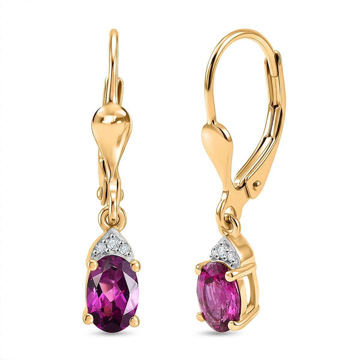 D'Joy Natural Radiant Ember Garnet &amp; White Zircon Solitaire Earring with Lever Back in Yellow Gold Plated Sterling Silver 1.20 Ct. 8423016 0