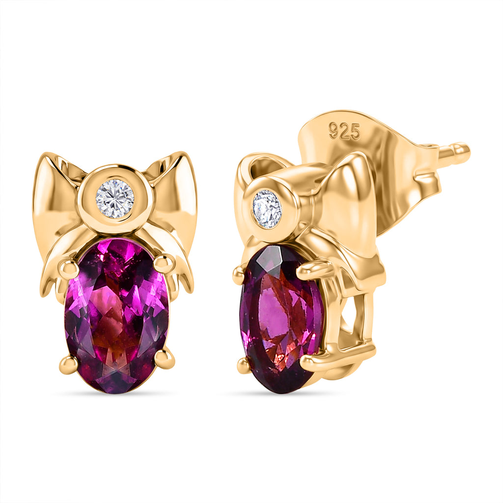 D'Joy Natural Radiant Ember Garnet & Lab Grown Diamond Solitaire Stud Push Post Earring in Yellow Gold Plated Sterling Silver 1.22 Ct._8423019