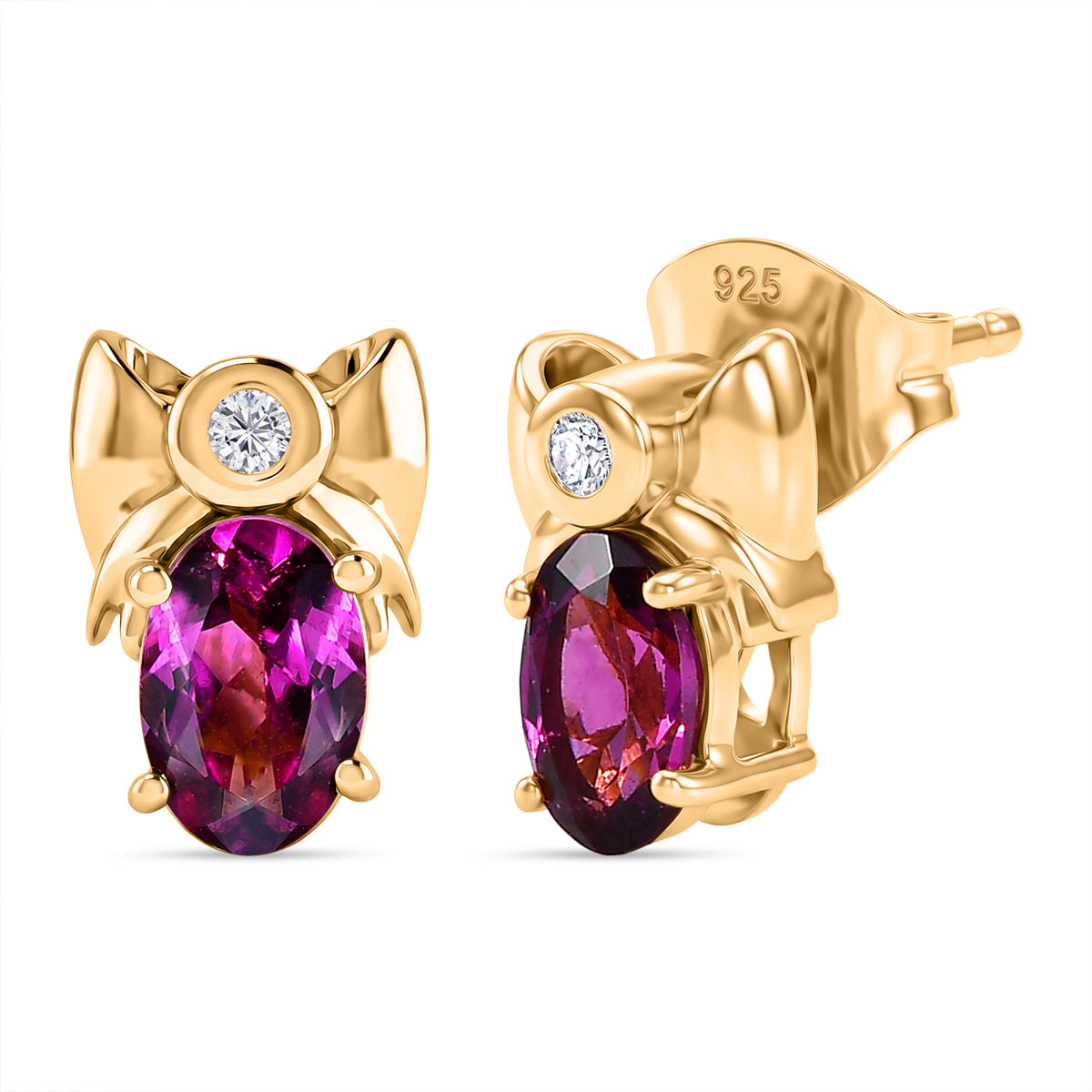 D'Joy Natural Radiant Ember Garnet &amp; Lab Grown Diamond Solitaire Stud Push Post Earring in Yellow Gold Plated Sterling Silver 1.22 Ct. 8423019 0