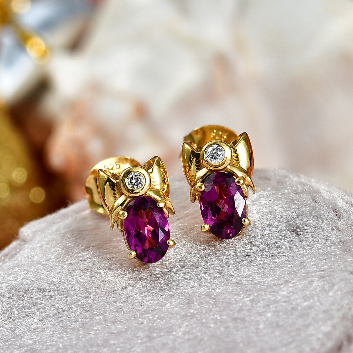 D'Joy Natural Radiant Ember Garnet &amp; Lab Grown Diamond Solitaire Stud Push Post Earring in Yellow Gold Plated Sterling Silver 1.22 Ct. 8423019 2