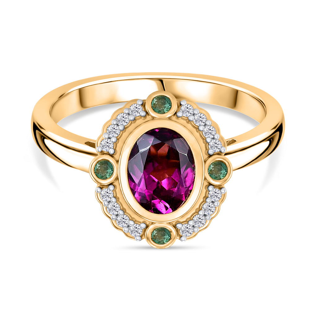 D'Joy Natural Radiant Ember Garnet & White Zircon & Zambian Emerald Halo Ring in 18K Vermeil Yellow Gold Plated Sterling Silver 1.17 Ct._8426200