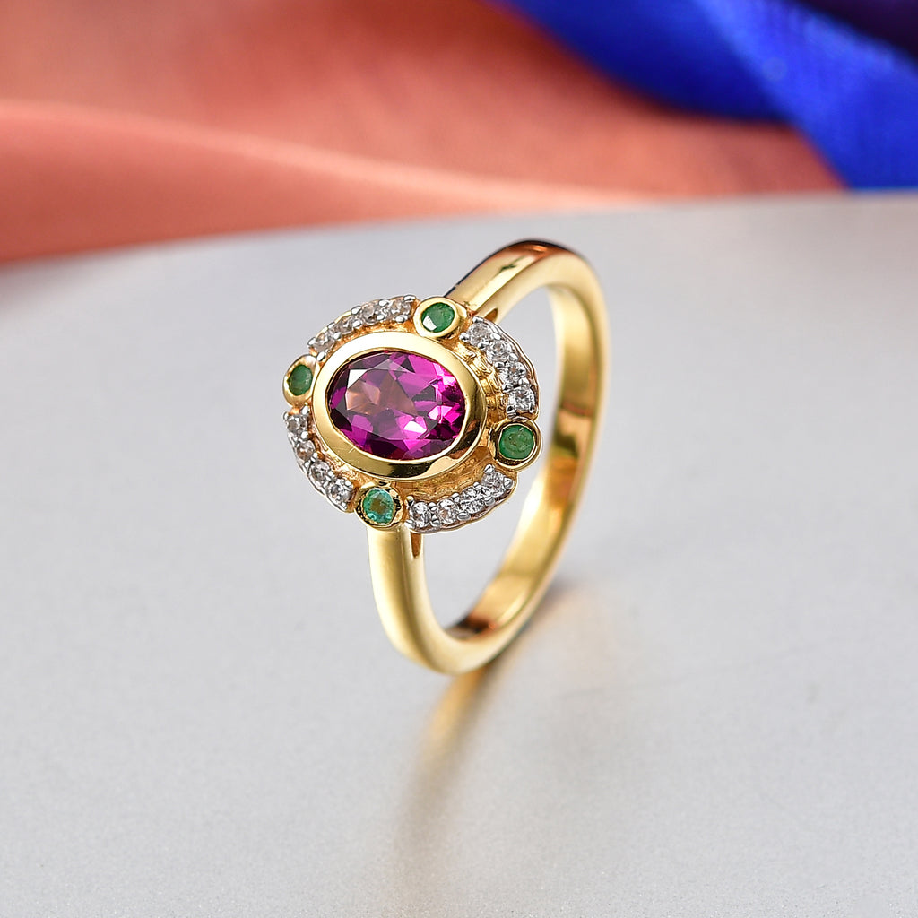 D'Joy Natural Radiant Ember Garnet & White Zircon & Zambian Emerald Halo Ring in 18K Vermeil Yellow Gold Plated Sterling Silver 1.17 Ct._8426200_1