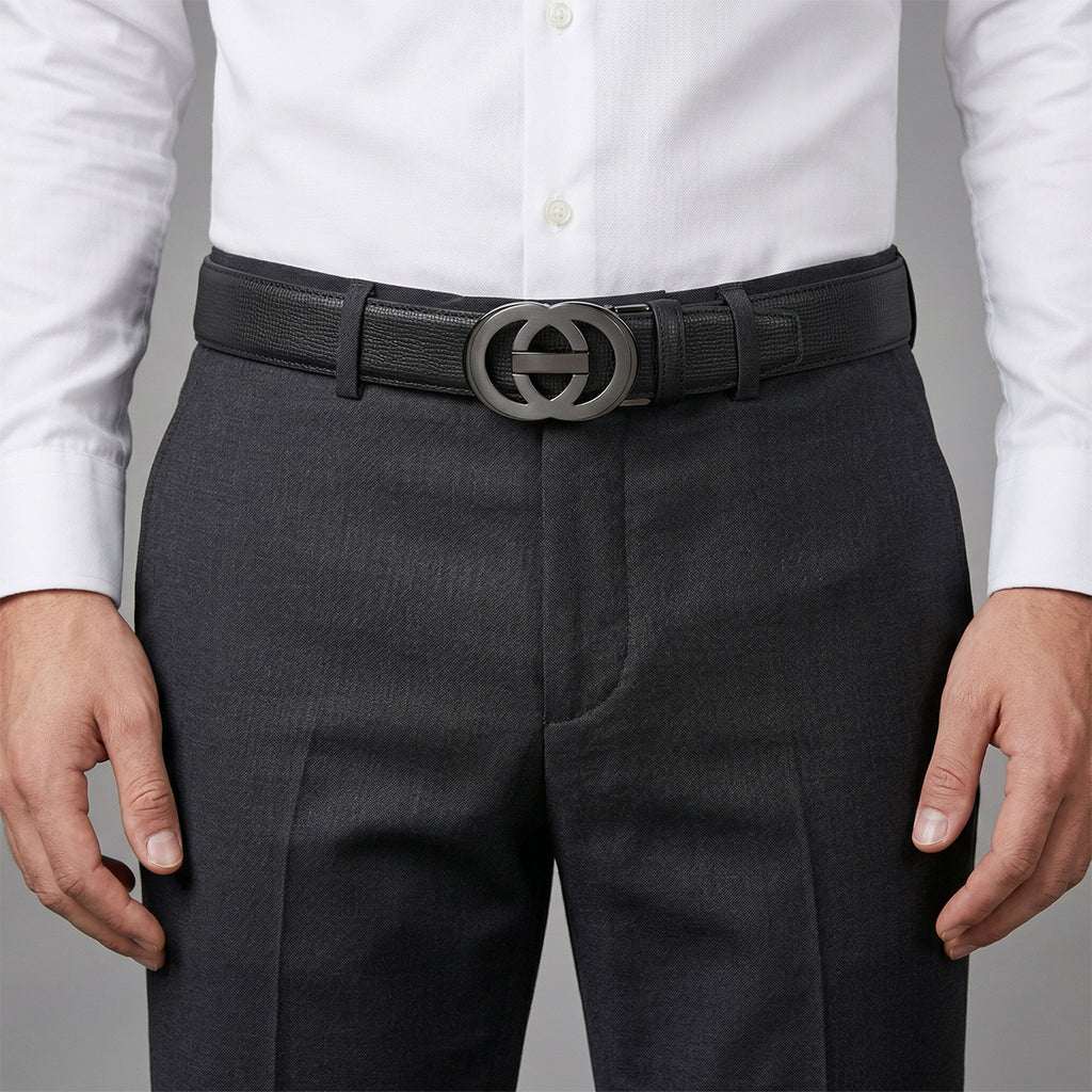 Genuine Leather Unisex Belt with Interlocking Circular Buckle (130 CM, Large) - Black_8426214_2