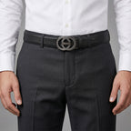 Genuine Leather Unisex Belt with Interlocking Circular Buckle (130 CM, Large) - Black_8426214_2