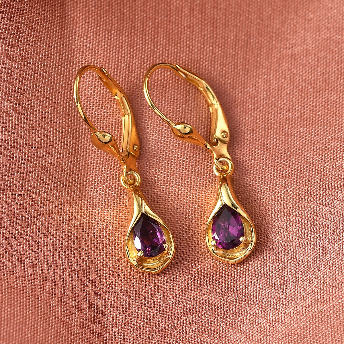 D'Joy Natural Radiant Ember Garnet Drop Earrings with Lever Back in Yellow Gold Plated Sterling Silver 1.00 Ct. V32606367 2