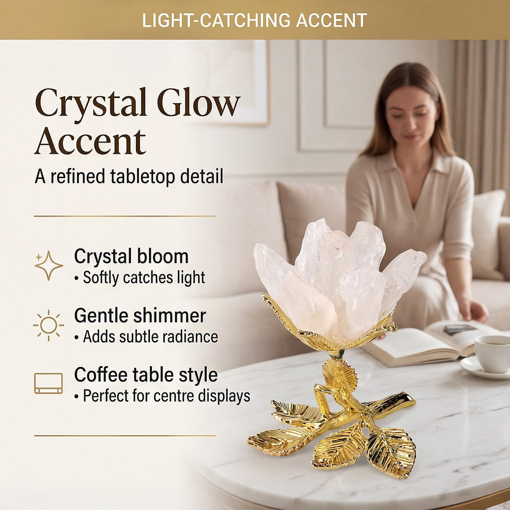 LIVMORE Decorative Crystal Flower Tabletop with Gold Metal Base - White & Gold