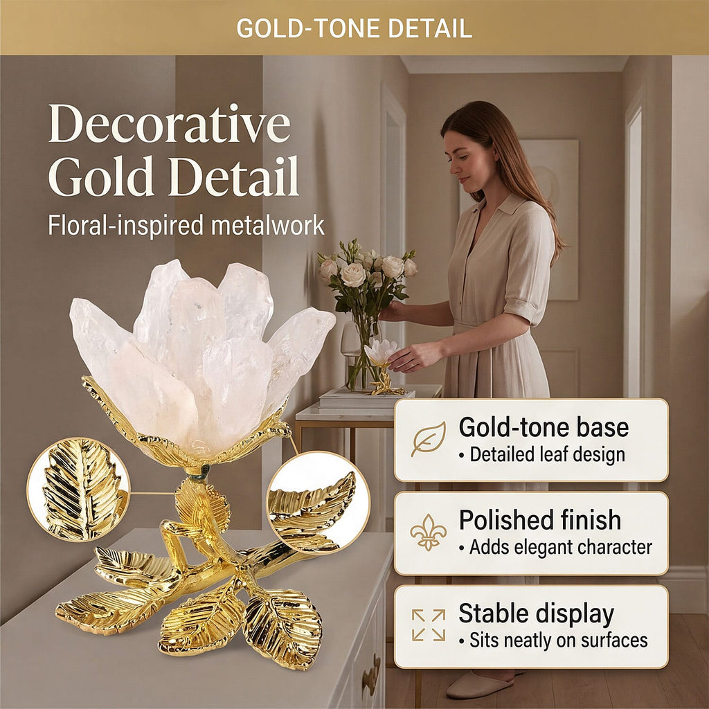 LIVMORE Decorative Crystal Flower Tabletop with Gold Metal Base - White & Gold