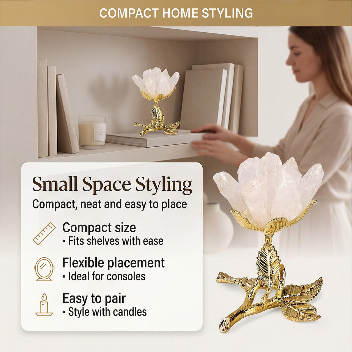 LIVMORE Decorative Crystal Flower Tabletop with Gold Metal Base - White &amp; Gold V32530962 4