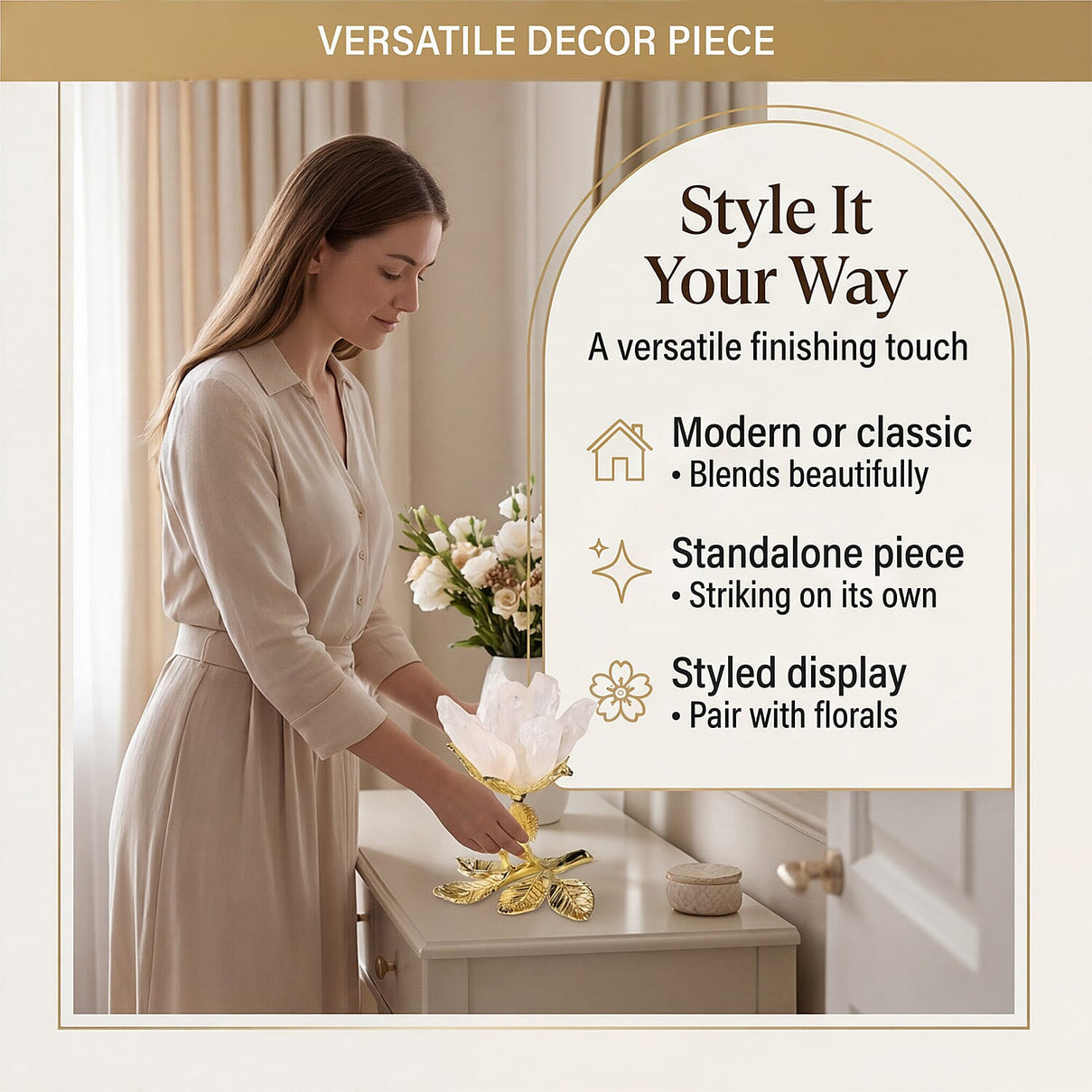 LIVMORE Decorative Crystal Flower Tabletop with Gold Metal Base - White &amp; Gold V32530962 5