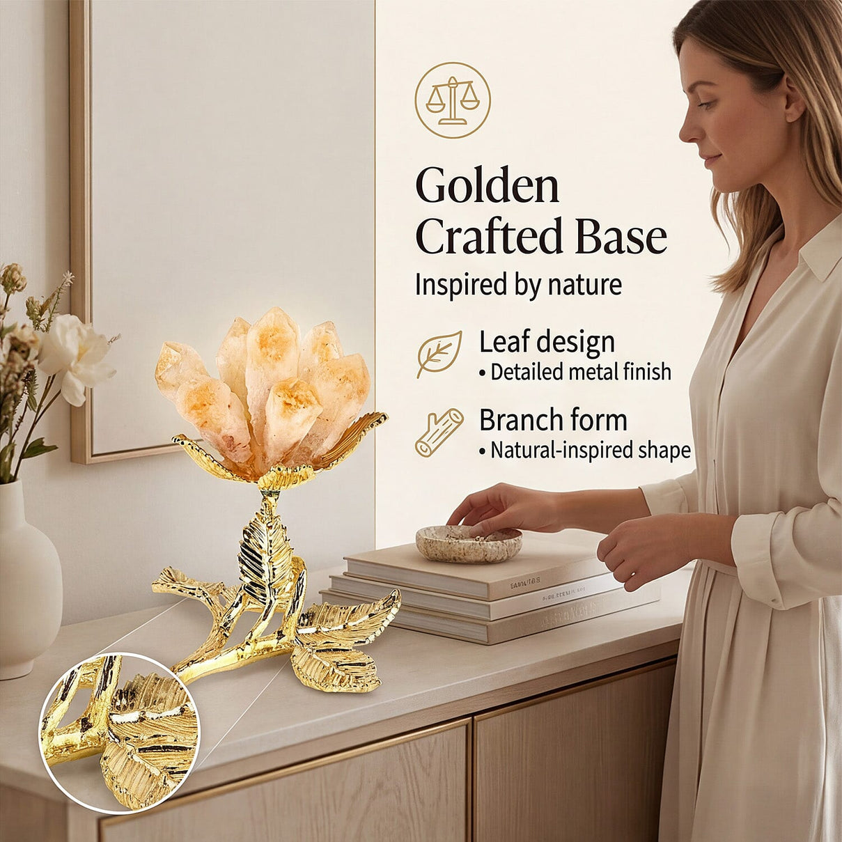 LIVMORE Decorative Crystal Flower Tabletop with Gold Metal Base - Gold V32512349 3