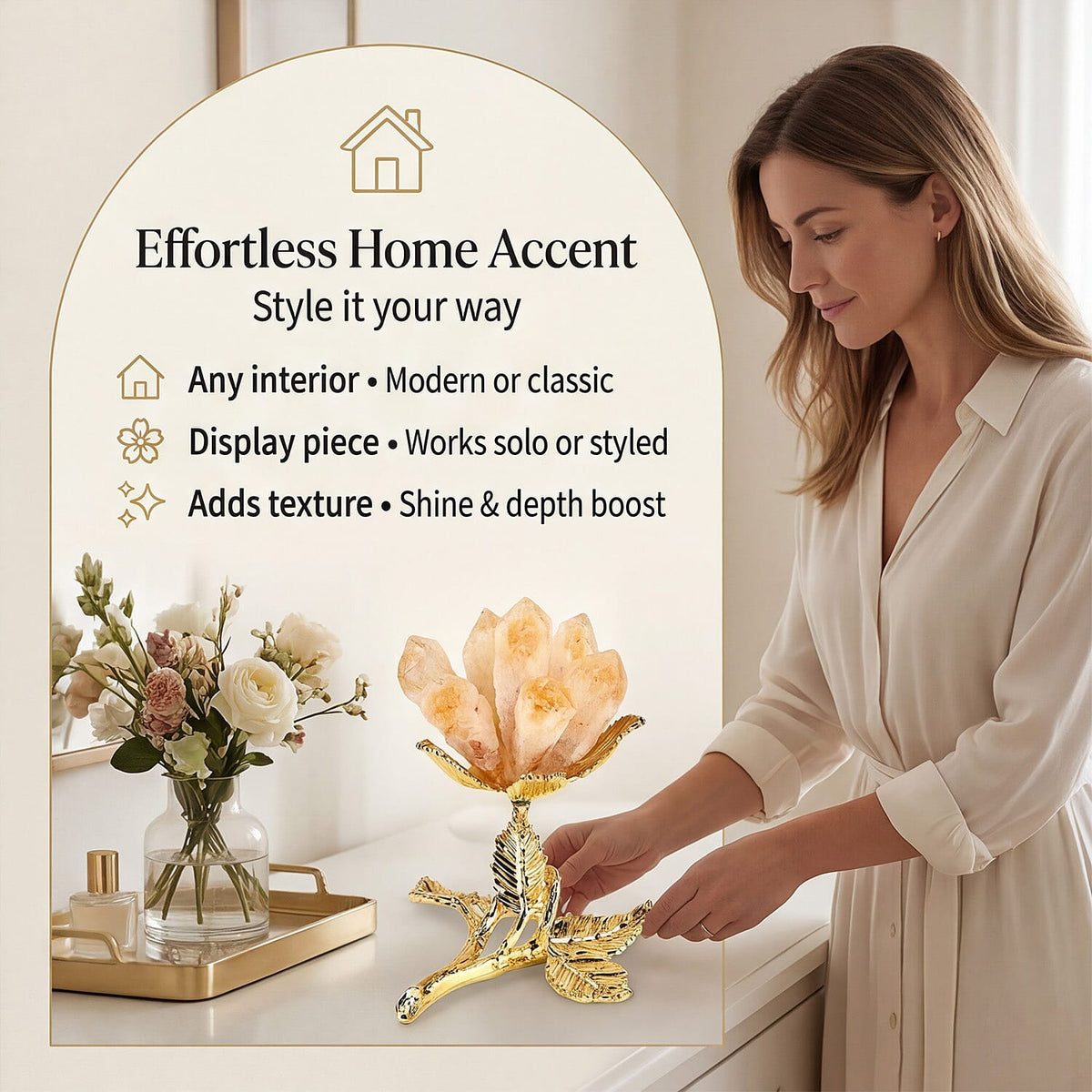 LIVMORE Decorative Crystal Flower Tabletop with Gold Metal Base - Gold V32512349 5