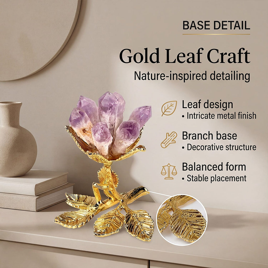 LIVMORE Decorative Crystal Flower Tabletop with Gold Metal Base - Purple & Gold