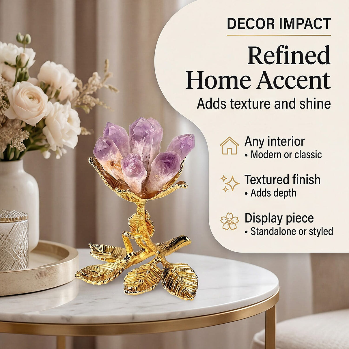 LIVMORE Decorative Crystal Flower Tabletop with Gold Metal Base - Purple &amp; Gold 8426257 5