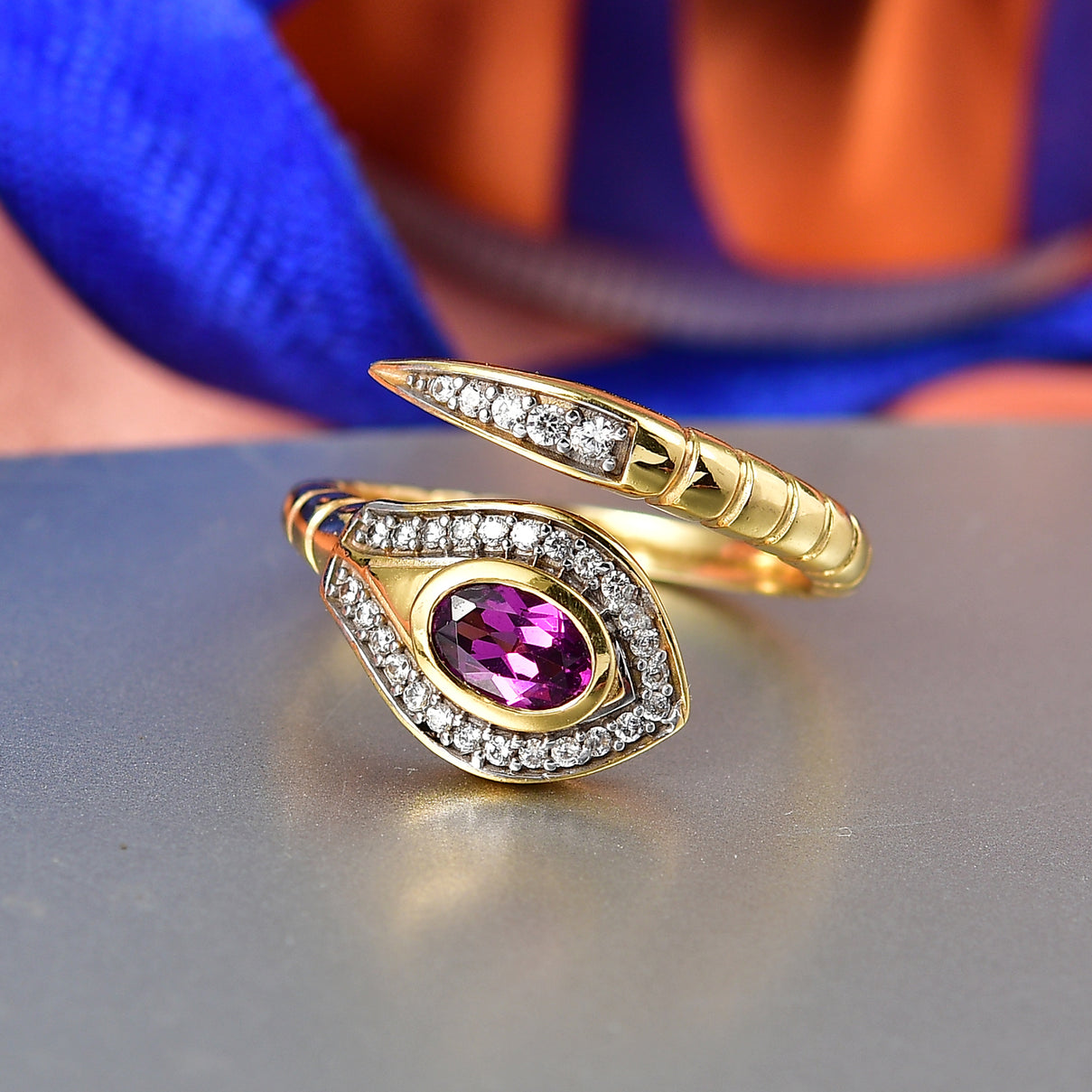 D'Joy Natural Radiant Ember Garnet &amp; White Zircon Snake Ring in Yellow Gold Plated Sterling Silver. 8426355 2
