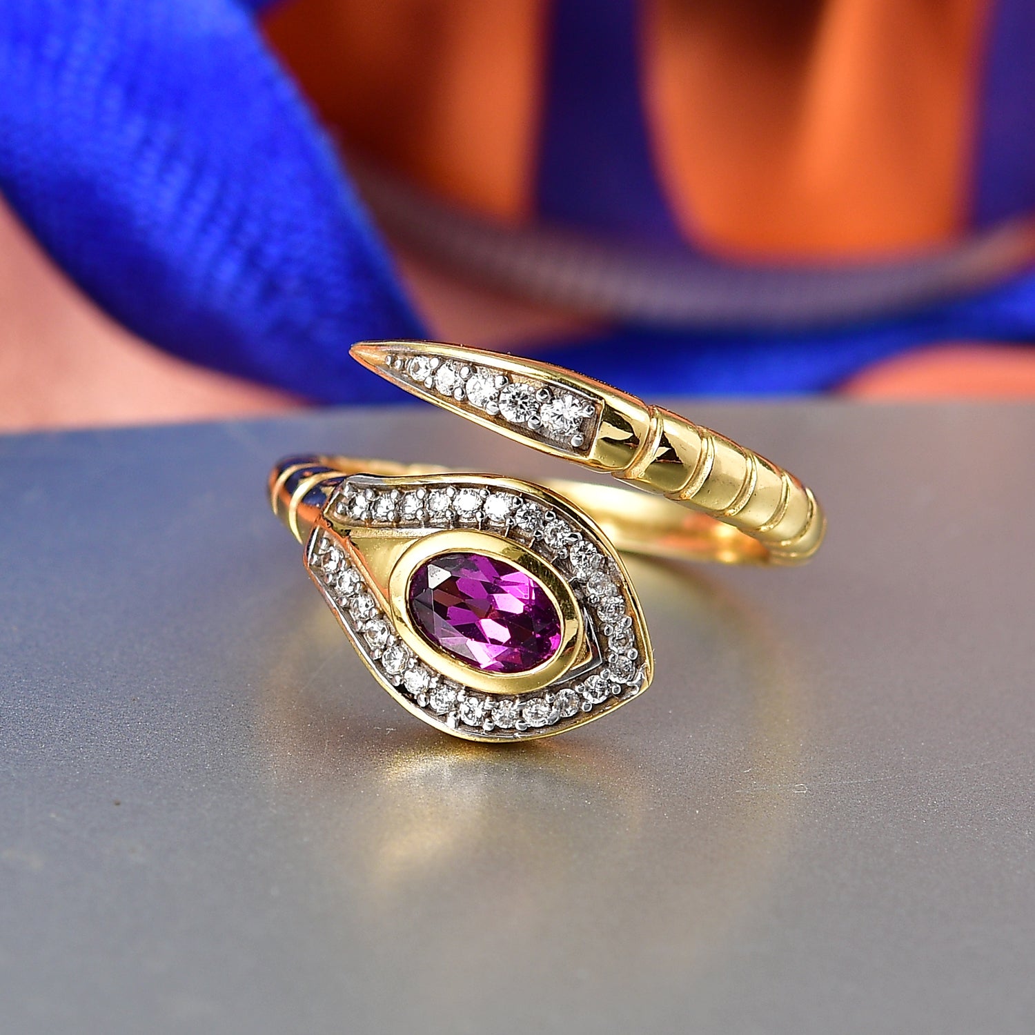 D'Joy Natural Radiant Ember Garnet &amp; White Zircon Snake Ring in Yellow Gold Plated Sterling Silver. 8426355 2