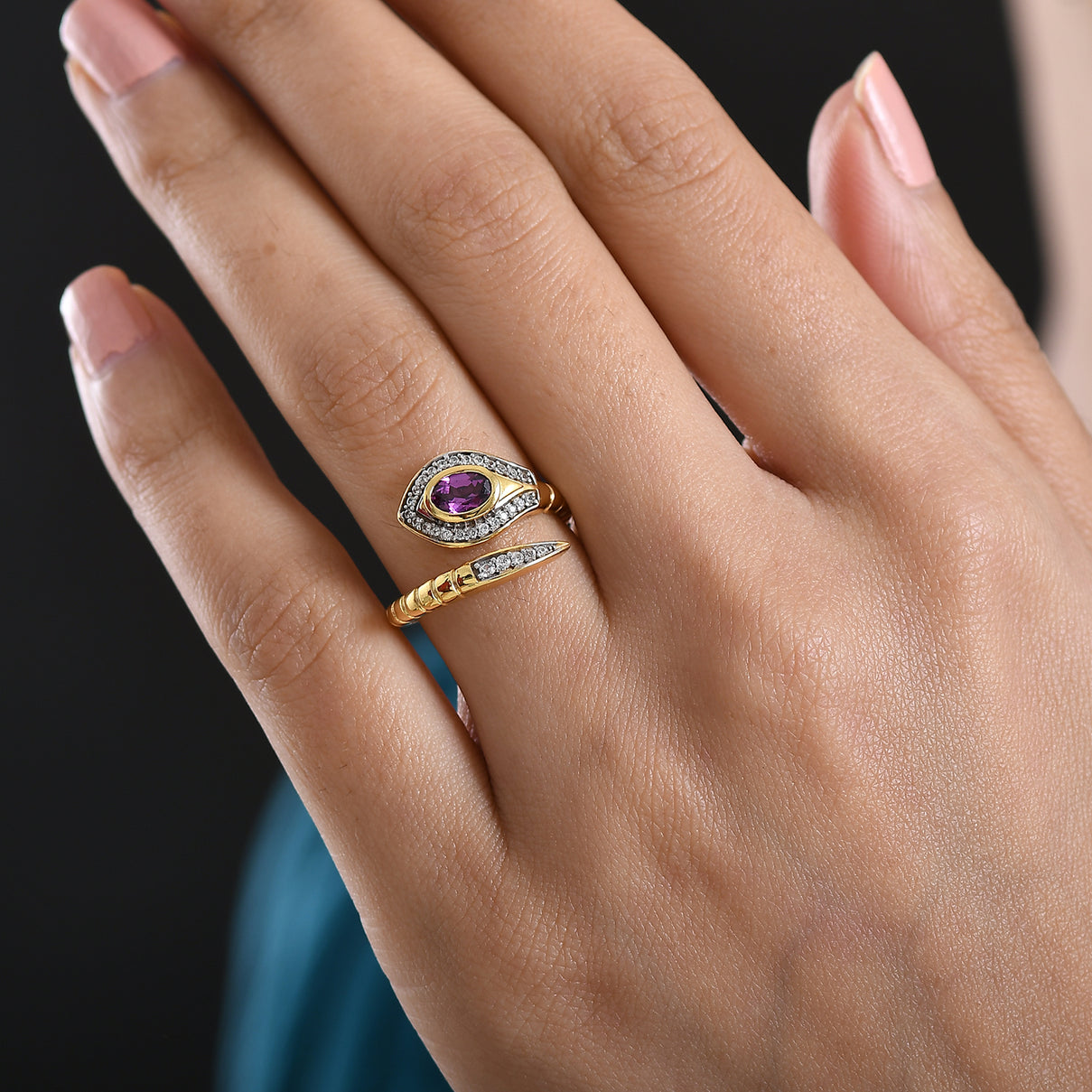 D'Joy Natural Radiant Ember Garnet &amp; White Zircon Snake Ring in Yellow Gold Plated Sterling Silver. 8426355 3