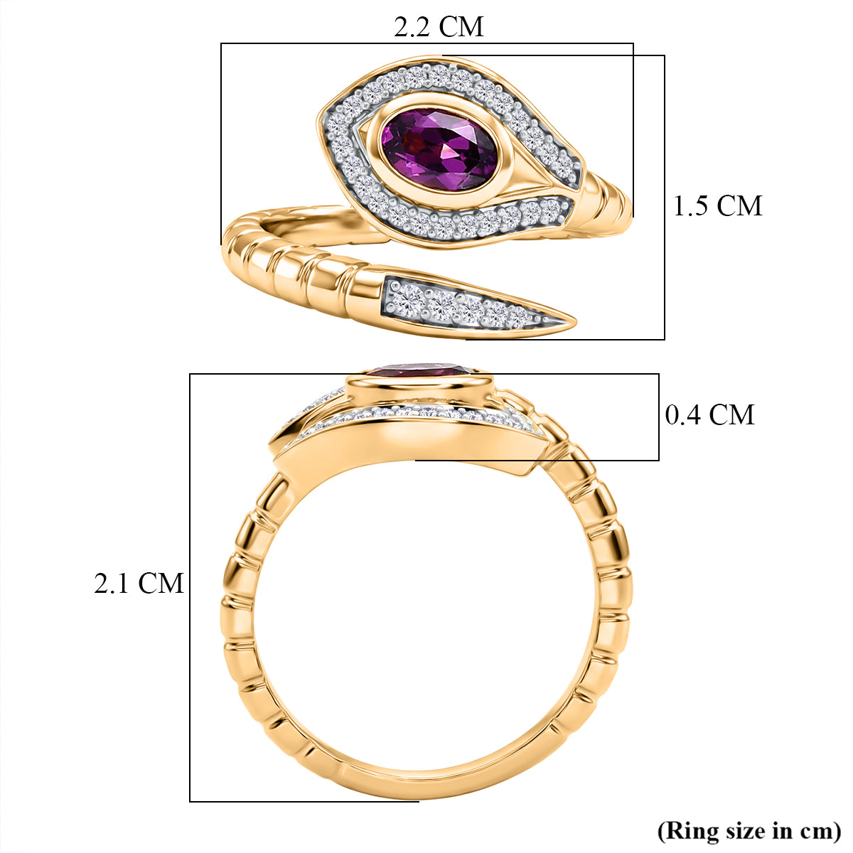 D'Joy Natural Radiant Ember Garnet &amp; White Zircon Snake Ring in Yellow Gold Plated Sterling Silver. 8426355 6
