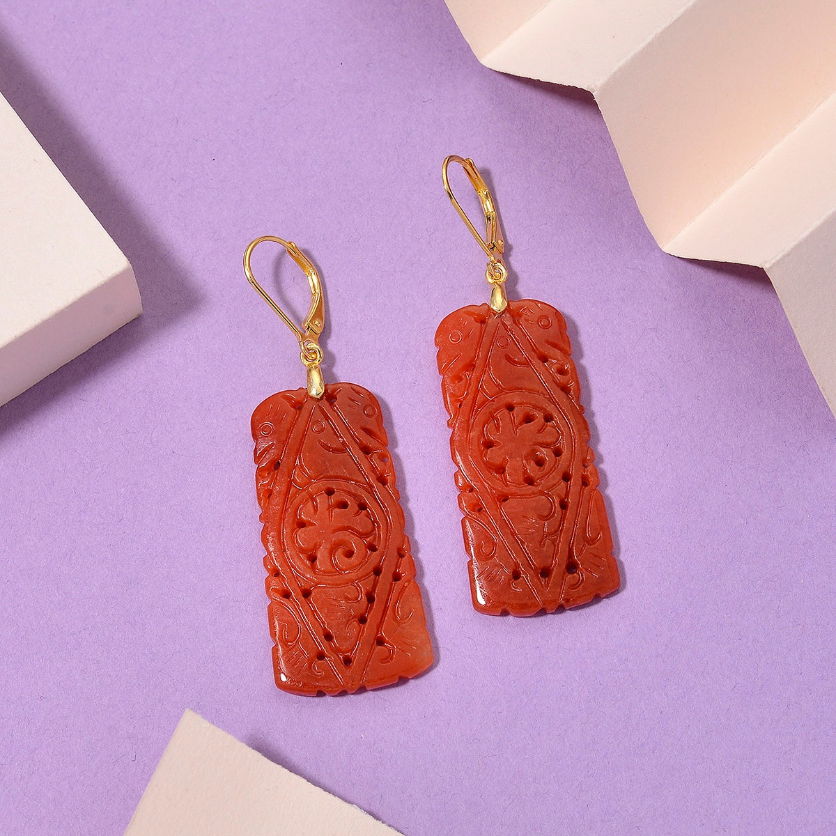 D'Joy Enhanced Red Jade Beads Filigree Carved Drop Earrings with Lever Back in Yellow Gold Plated Sterling Silver 30.00 Ct. V32521447 2