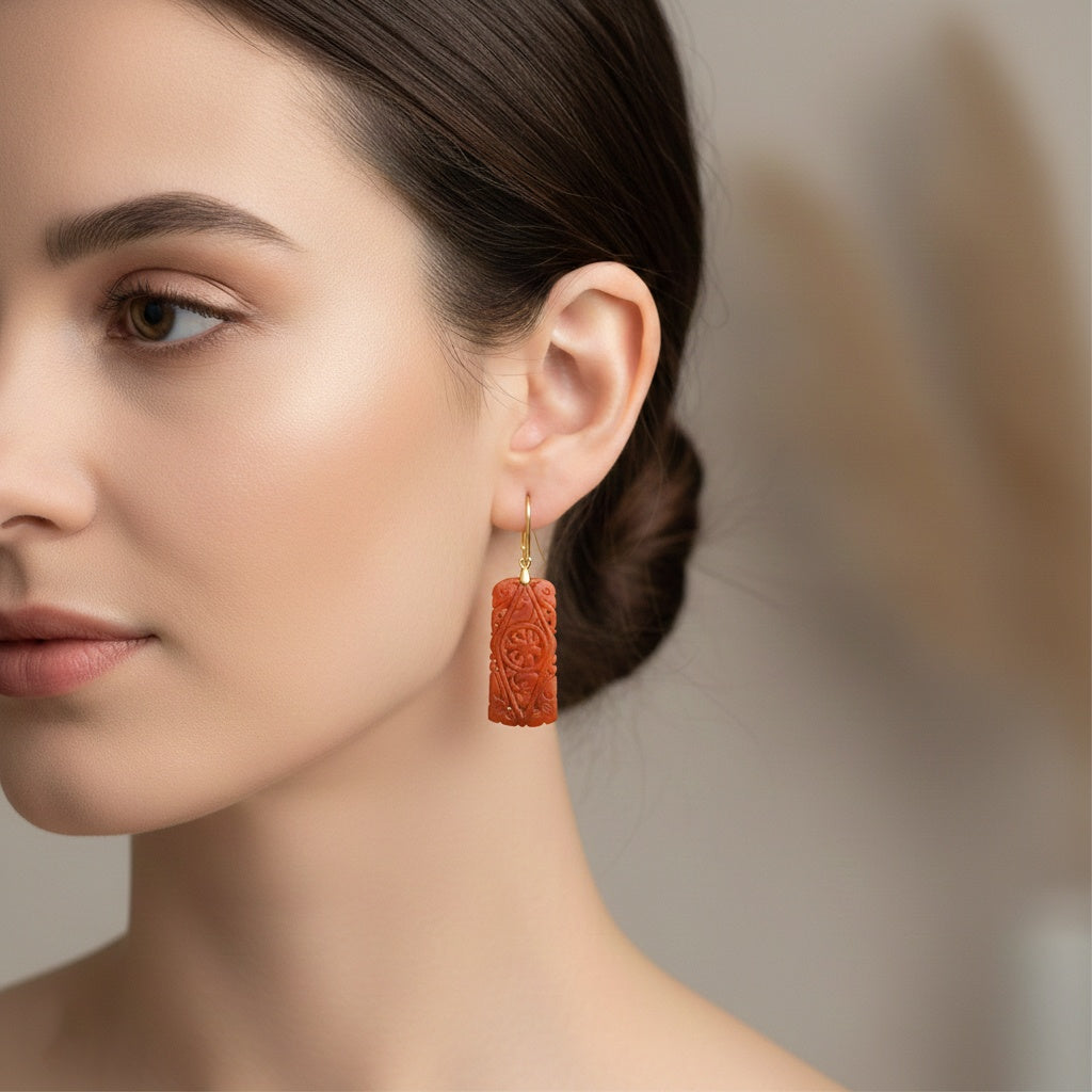 D'Joy Enhanced Red Jade Beads Filigree Carved Drop Earrings with Lever Back in Yellow Gold Plated Sterling Silver 30.00 Ct. V32521447 3