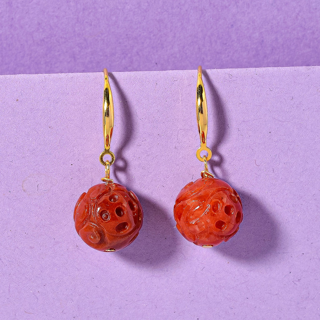 D'Joy Red Jade Beads Hook Earring in Yellow Gold Plated Sterling Silver 20.00 Ct._8426397_1