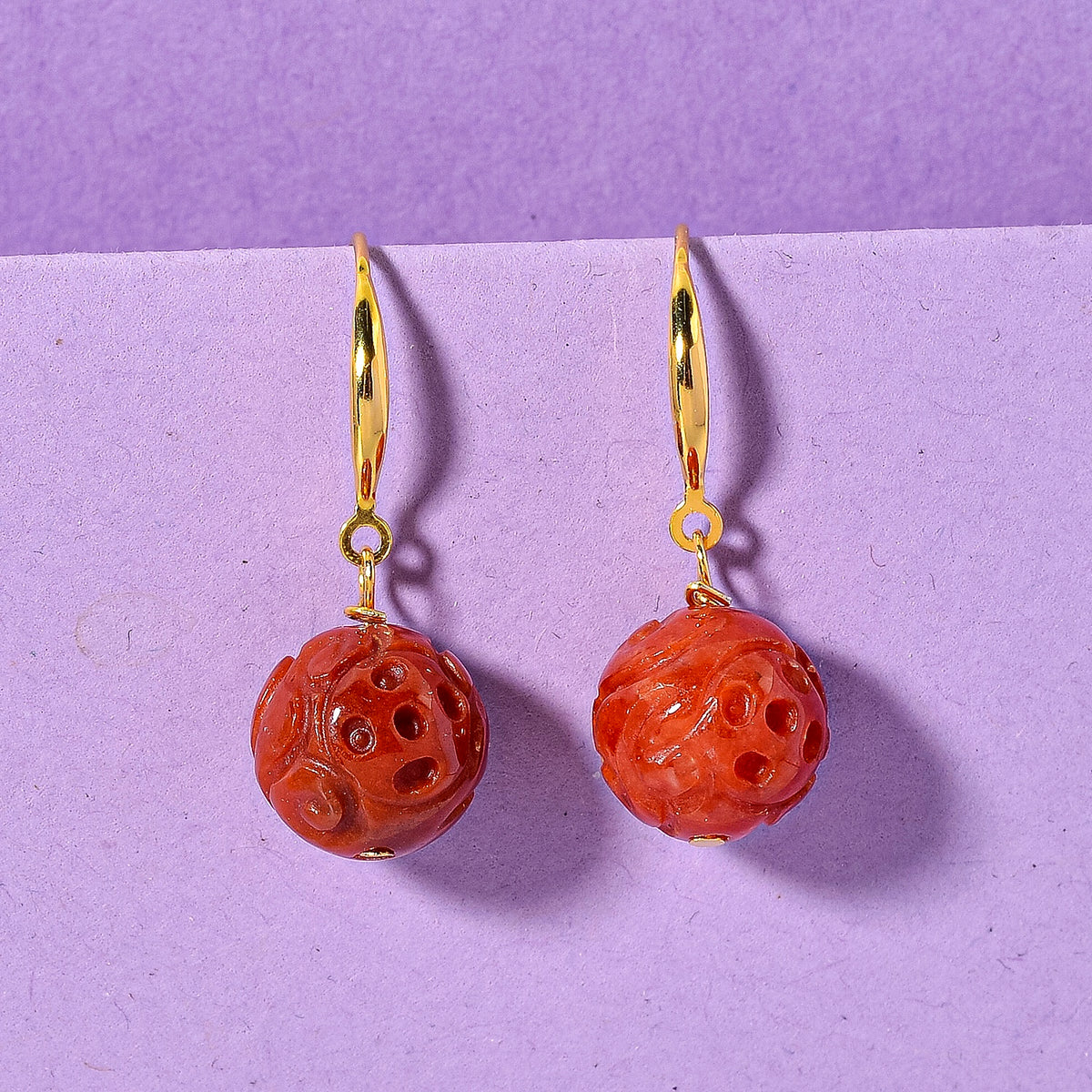 D'Joy Red Jade Beads Hook Earring in Yellow Gold Plated Sterling Silver 20.00 Ct. 8426397 2
