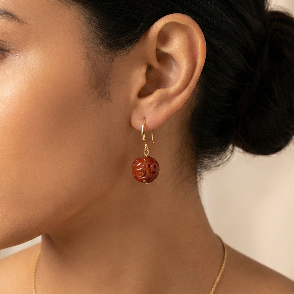 D'Joy Red Jade Beads Hook Earring in Yellow Gold Plated Sterling Silver 20.00 Ct._8426397_2