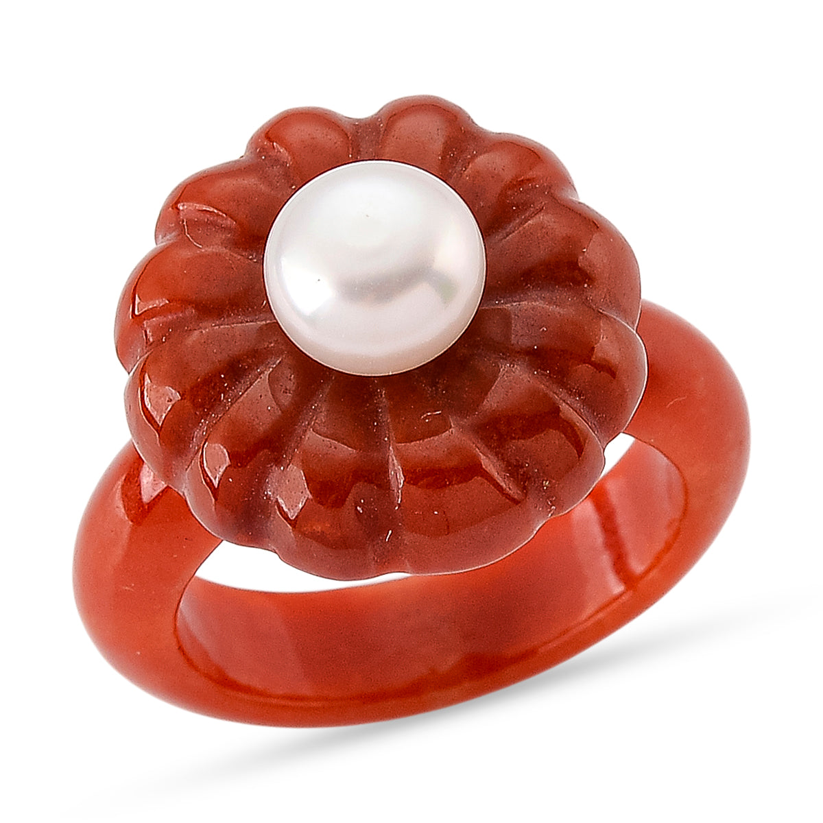 White Fresh Water Pearl and Enhanced Red Jade Flower Ring 25.00 Ct. V32516387 0