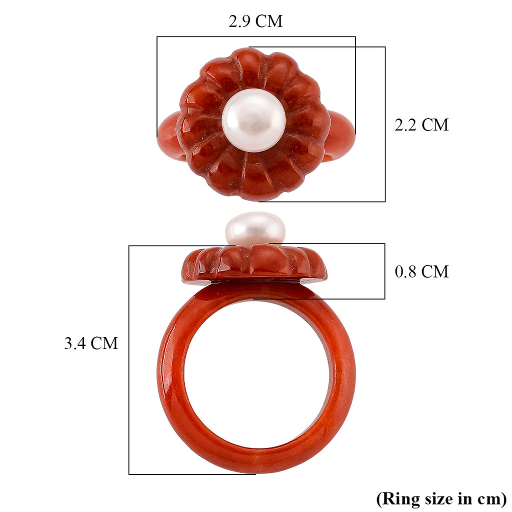 White Fresh Water Pearl and Enhanced Red Jade Flower Ring 25.00 Ct._8426417_5