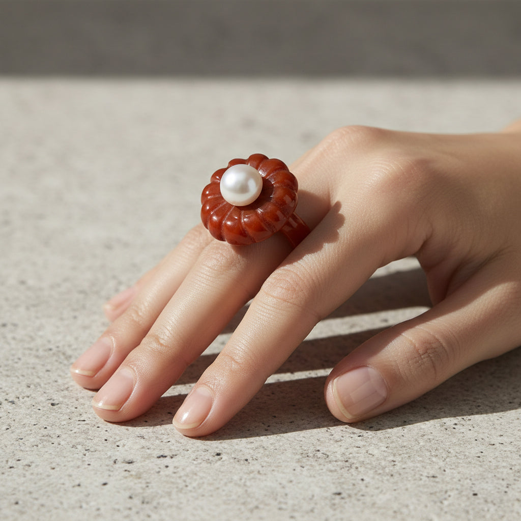 White Fresh Water Pearl and Enhanced Red Jade Flower Ring 25.00 Ct._8426420_1