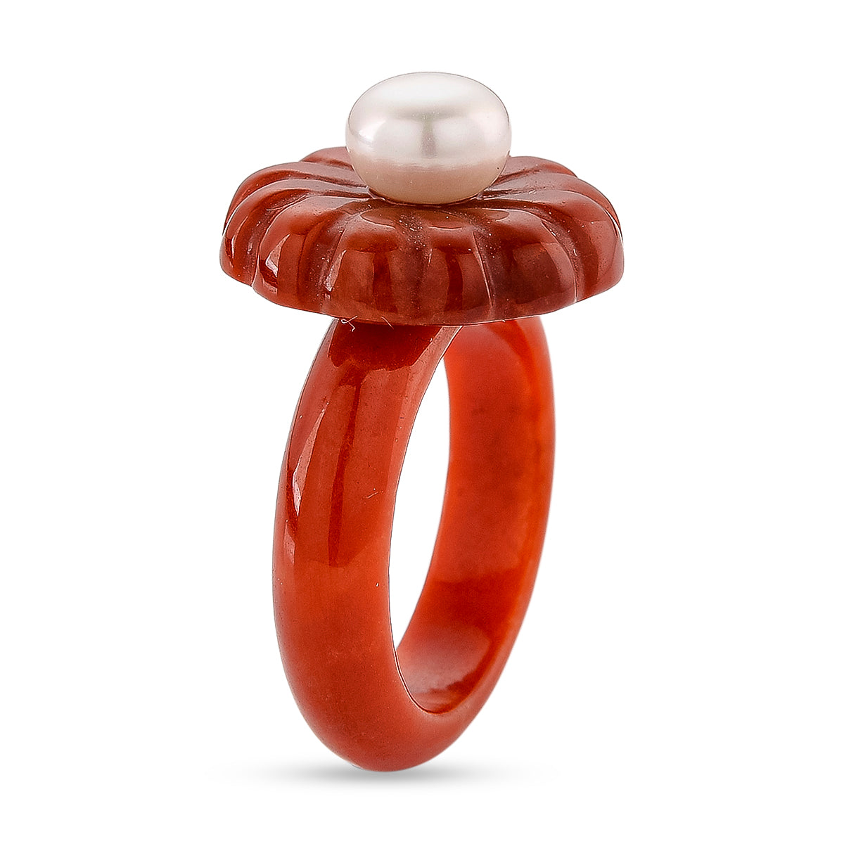 White Fresh Water Pearl and Enhanced Red Jade Flower Ring 25.00 Ct. V32516380 4