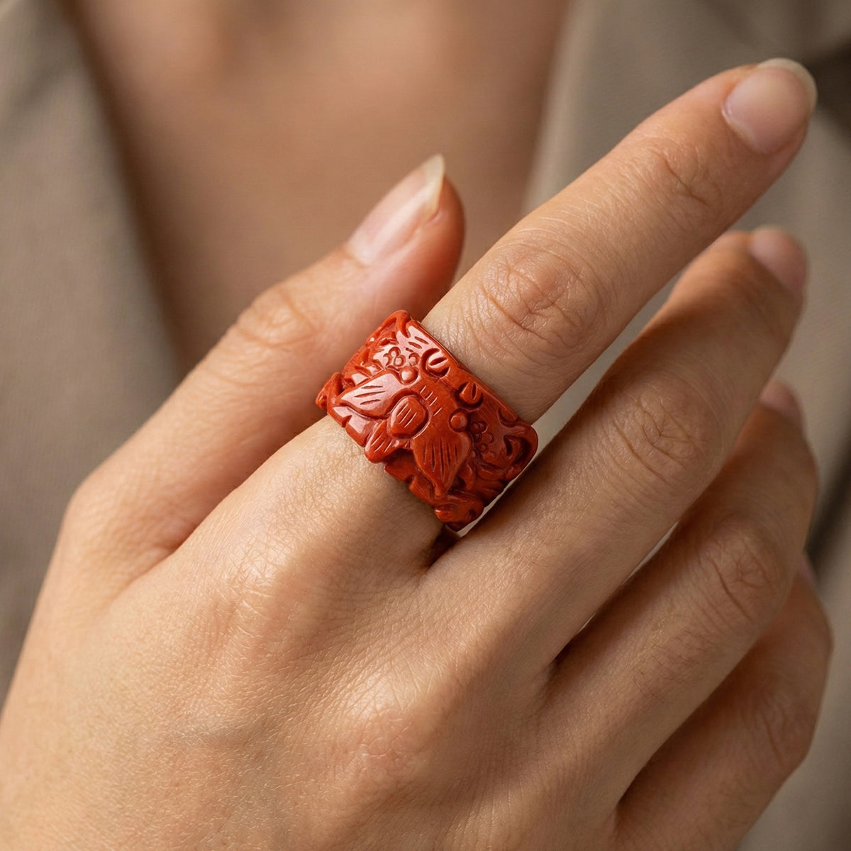 Red Jade Dragon Carved Ring 55.00 Ct. V32514565 2