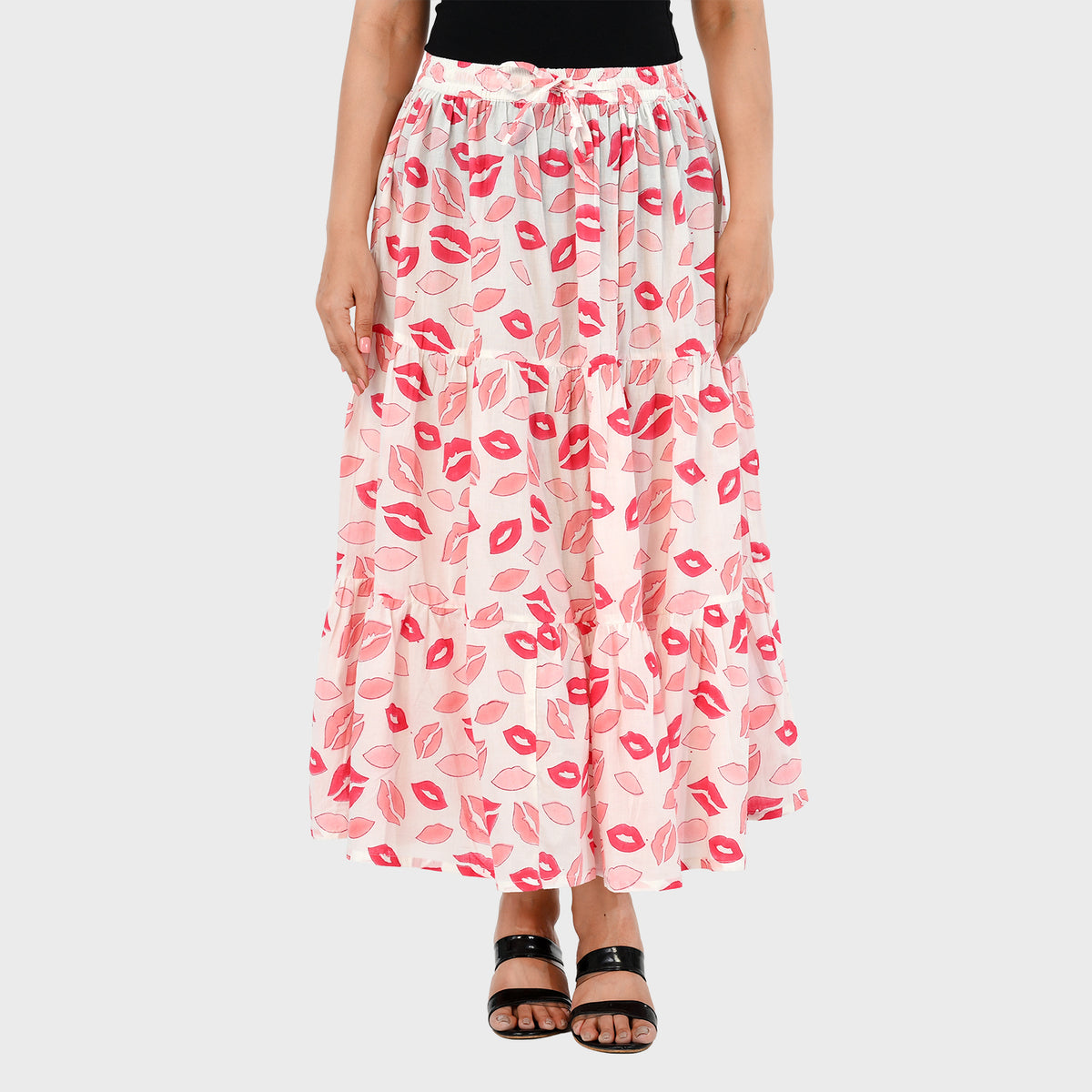 DOD- La Marey Artisan Cotton Block-Printed Tiered Skirt (Size M, 12-14) - Pink &amp; White V32704564 2