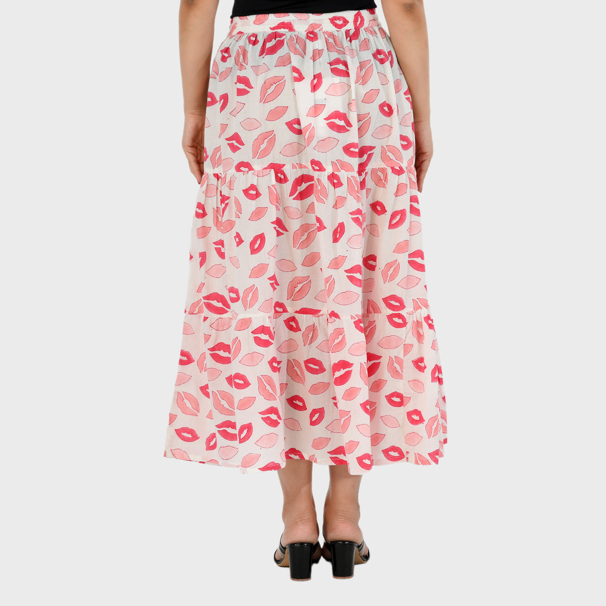 DOD- La Marey Artisan Cotton Block-Printed Tiered Skirt (Size M, 12-14) - Pink &amp; White V32704564 4