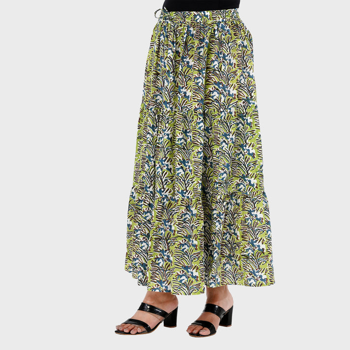 La Marey 100%  Cotton Block-Printed Tiered Skirt (Size M, 12-14) - Green 8426583 2