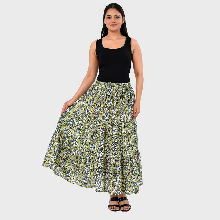 La Marey Artisan Cotton Block-Printed Tiered Skirt (Size L, 16-18) - Green 8426584 1