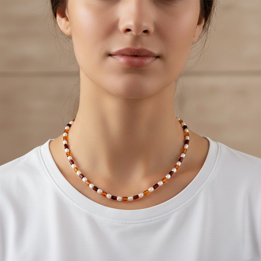 D'Joy Amber &amp; Fresh Water Pearl Necklace (Size - 20+2 EXT) in Yellow Gold Plated Sterling Silver 65.00 Ct. V32608820 3