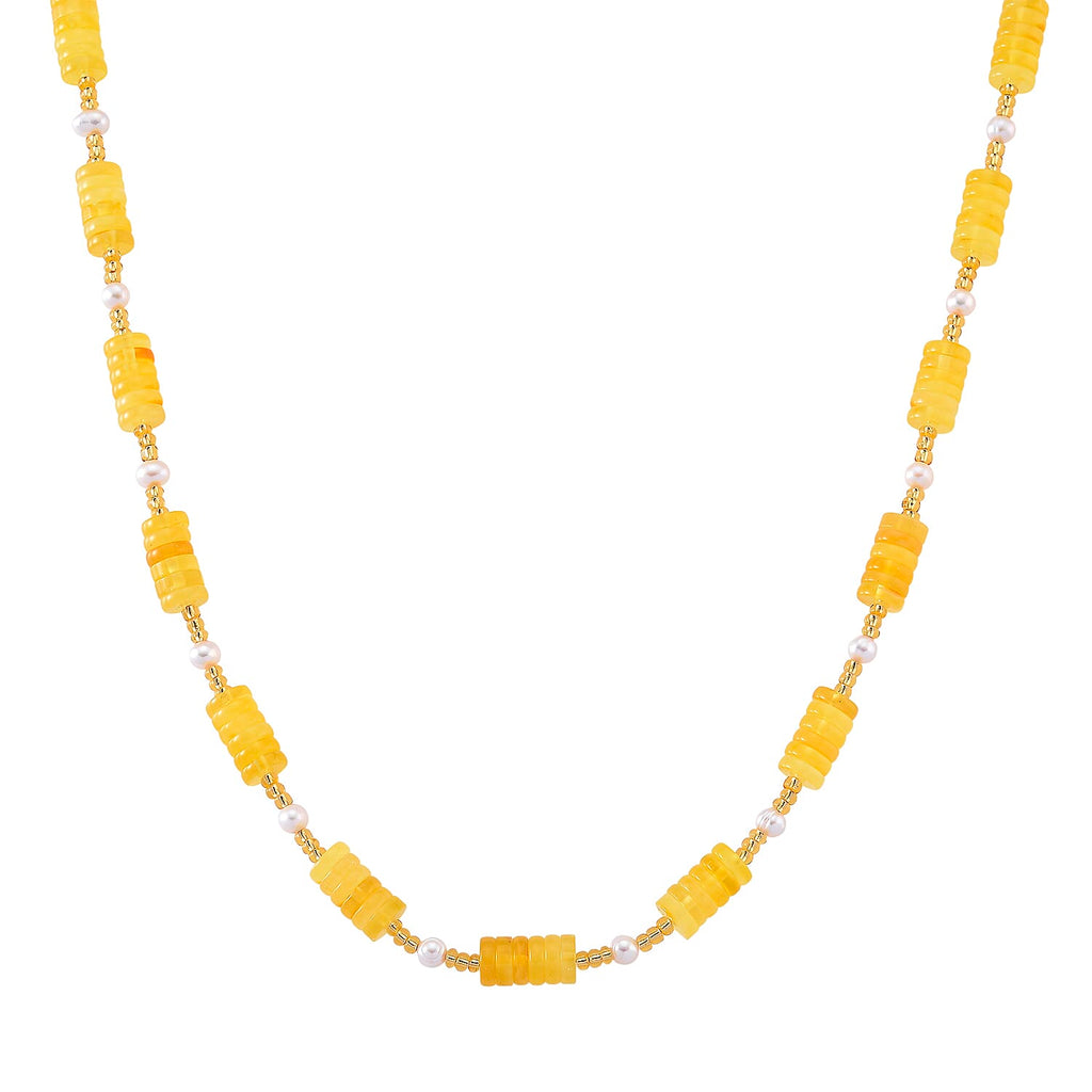 D'Joy Natural Amber  White Fresh Water Pearl Beads Necklace in Yellow Gold Plated Sterling Silver 65.00 Ct._8426663_1