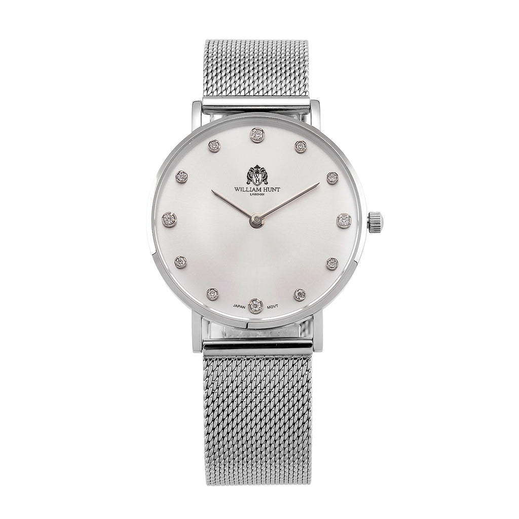 WILLIAM HUNT Limited Edition 5ATM Water Resistant Moissanite Watch - 36mm Dial With Milanese Strap - White_8426678