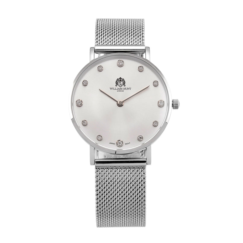 WILLIAM HUNT Limited Edition 5ATM Water Resistant Moissanite Watch - 36mm Dial With Milanese Strap - White_8426678