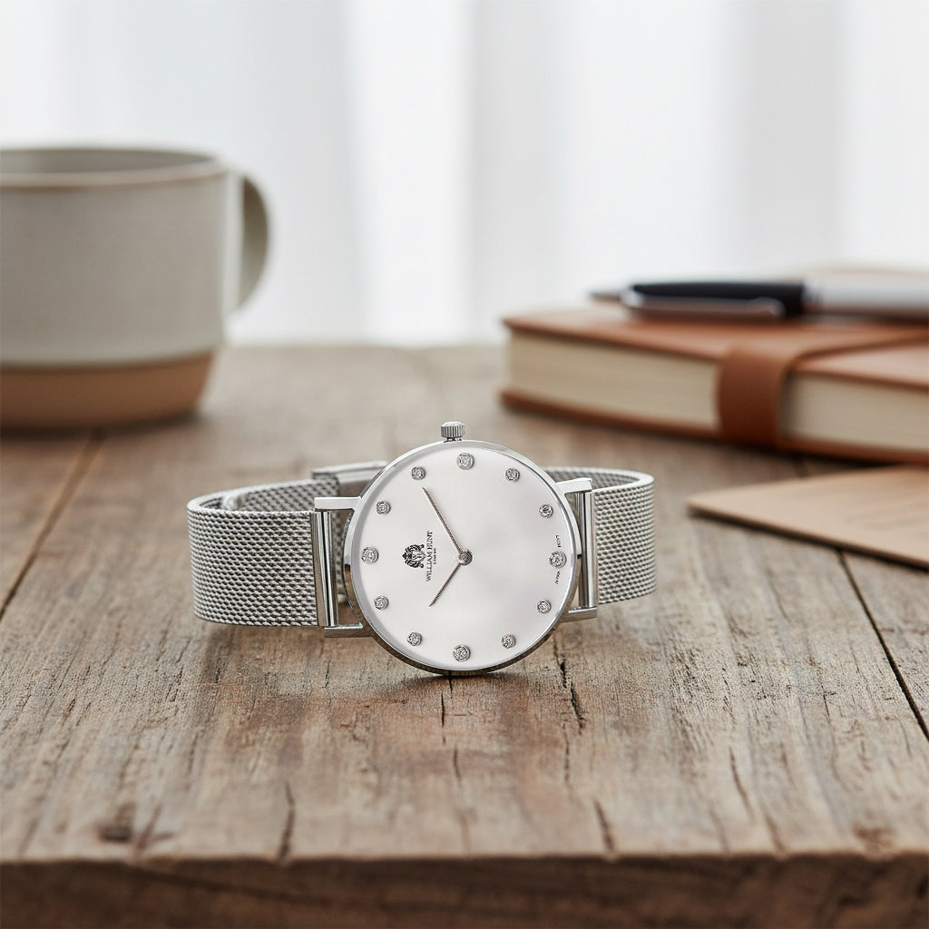 WILLIAM HUNT Limited Edition 5ATM Water Resistant Moissanite Watch - 36mm Dial With Milanese Strap - White_8426678_1