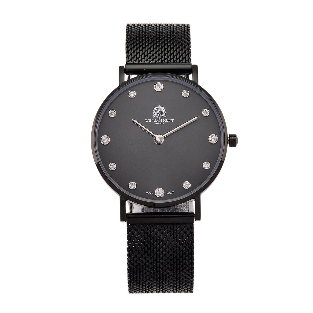 WILLIAM HUNT Limited Edition 5ATM Water Resistant Moissanite Watch - 36mm Dial With Milanese Strap - Black_8426691
