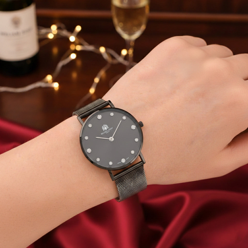 WILLIAM HUNT Limited Edition 5ATM Water Resistant Moissanite Watch - 36mm Dial With Milanese Strap - Black V32530852 3