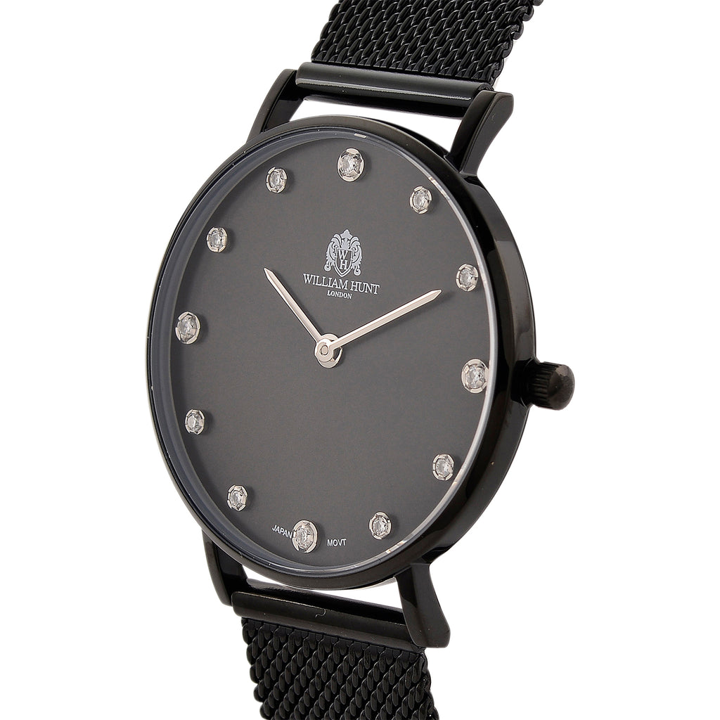 WILLIAM HUNT Limited Edition 5ATM Water Resistant Moissanite Watch - 36mm Dial With Milanese Strap - Black_8426691_3